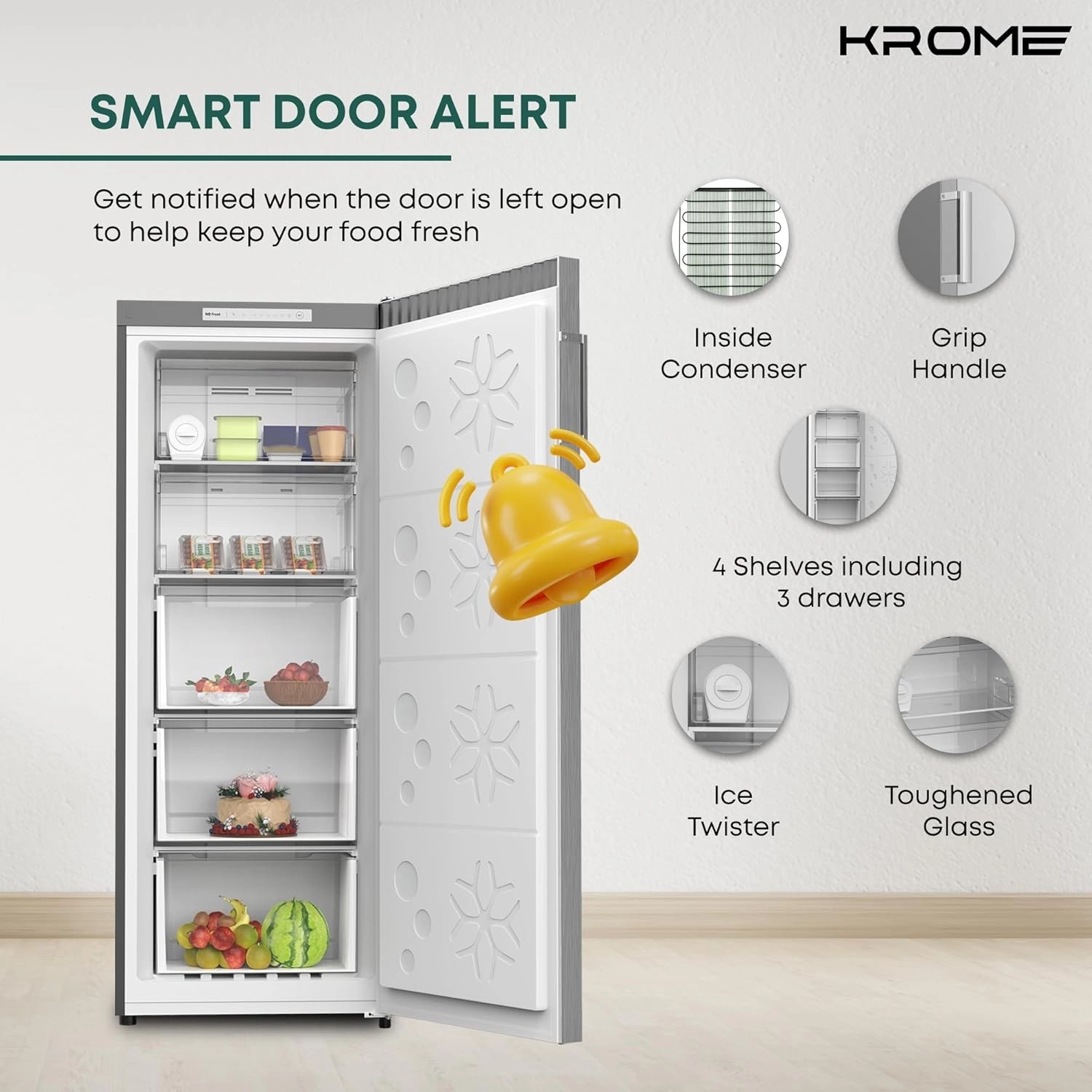 Вертикальный морозильник Krome 270L No Frost Инвертор (KR-UF270IM)
