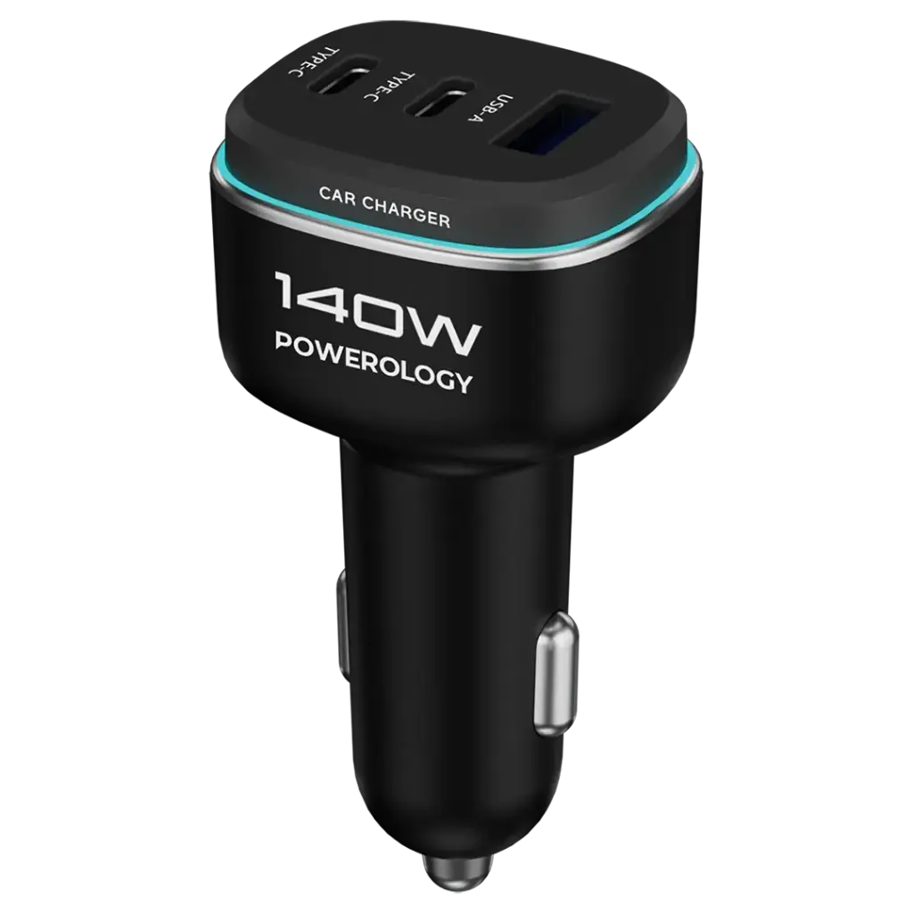 Powerology 140W Triple-Port High-Power Car Charger with Type-C Cable