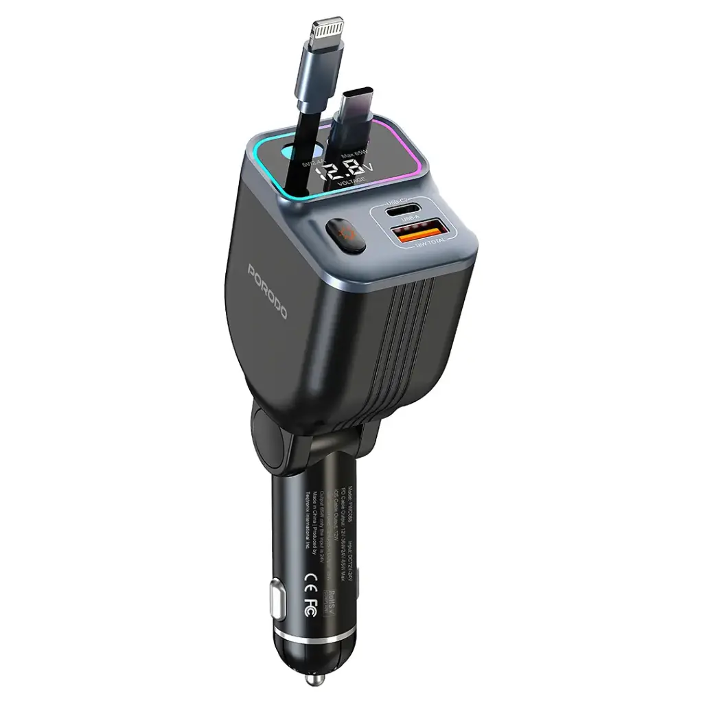 شاحن سيارة Porodo 65W Retractable Cable