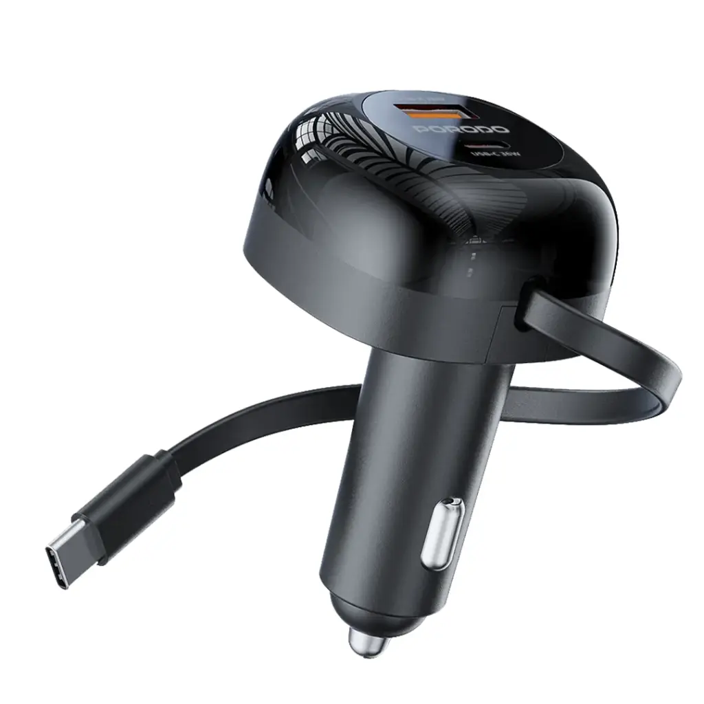 Porodo Dual Port Car Charger 80cm Retractable Type-C Cable
