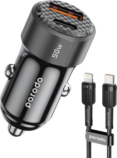 Porodo 50W Dual Port Car Charger Braided Cable Included Type-C to Type-C