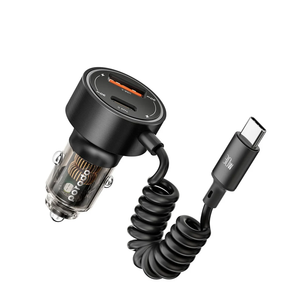 Porodo 60W Dual Port Transparent Aluminum Car Charger Integrated Type-C Cable