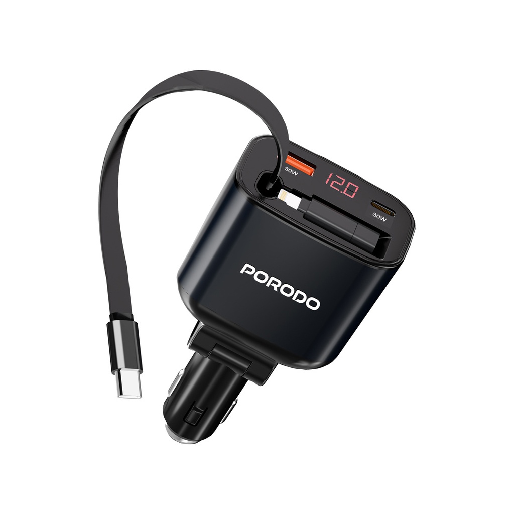 Porodo 105W Dual Port& Dual Connector Car Charger With Retractable Cable
