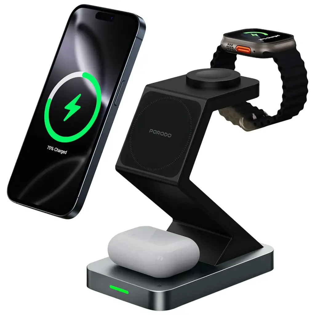 محطة شحن Porodo 4 في 1 Powerdock لاسلكية مع عرض قابل للتعديل 360°