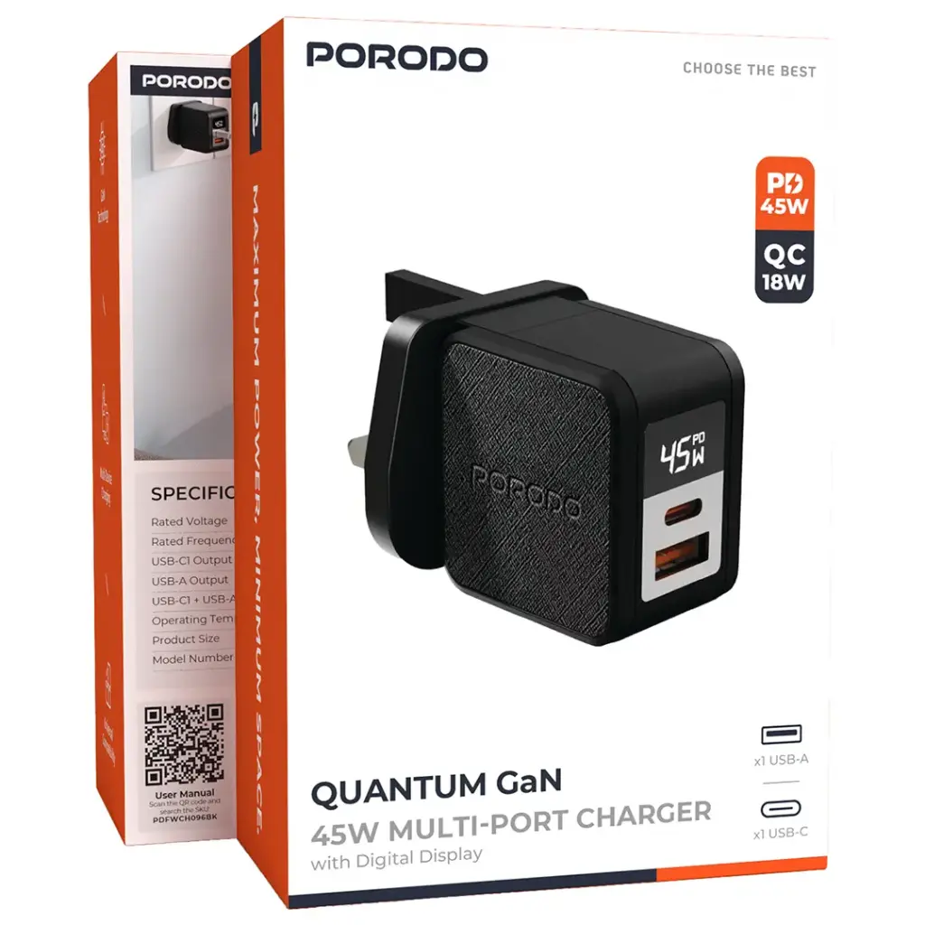 Porodo شاحن Quantum GaN 65W متعدد المنافذ مع شاشة رقمية