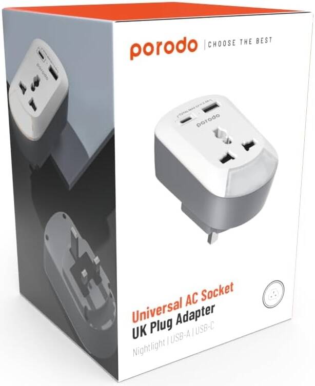 Porodo محول مقبس كهرباء عالمي UK مع إضاءة ليلية USB-A / USB-C