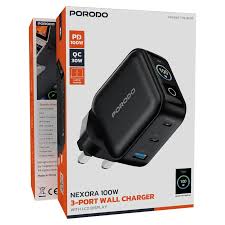 Porodo شاحن جداري Nexora بقدرة 100W بثلاثة منافذ مع شاشة LCD