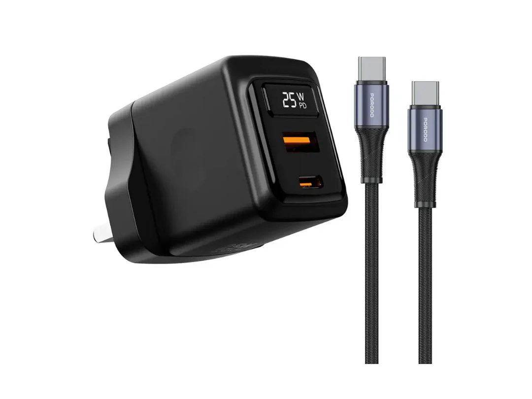 Porodo شاحن GaN بقدرة 25W ثنائي المنافذ مع كابل USB-C إلى Lightning