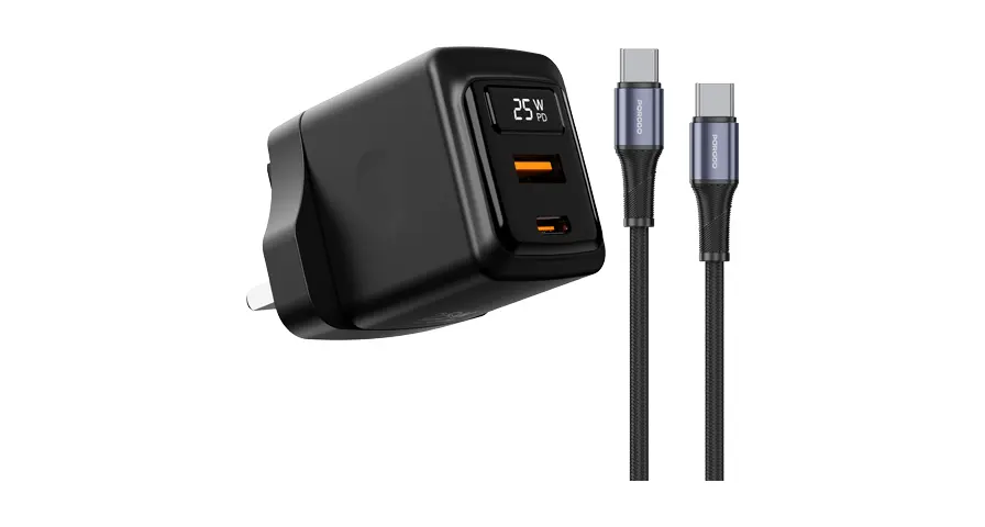 Porodo شاحن GaN بقدرة 25W مزدوج USB-C مع كابل USB-C إلى USB-C