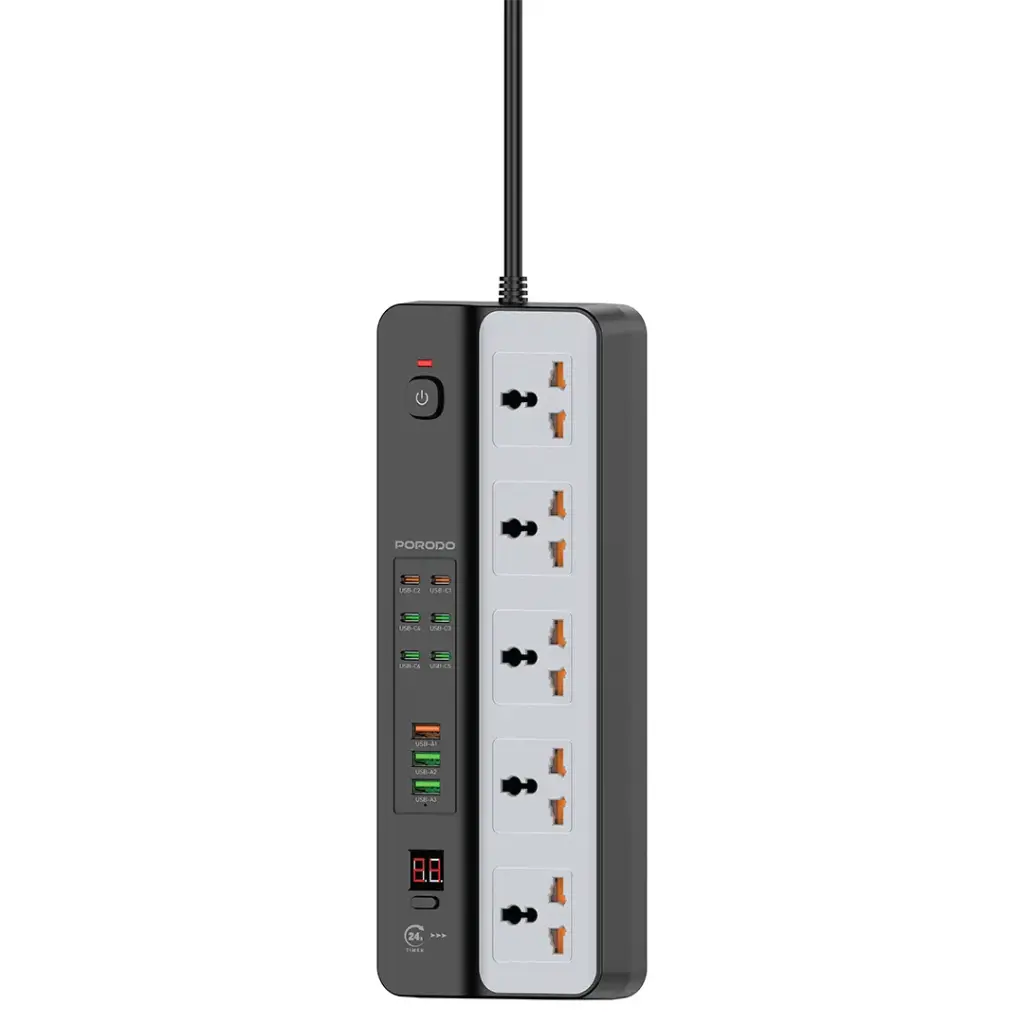 Porodo مشترك كهرباء 3000W بـ 5 مقابس AC و 9 منافذ USB (6C + 3A)