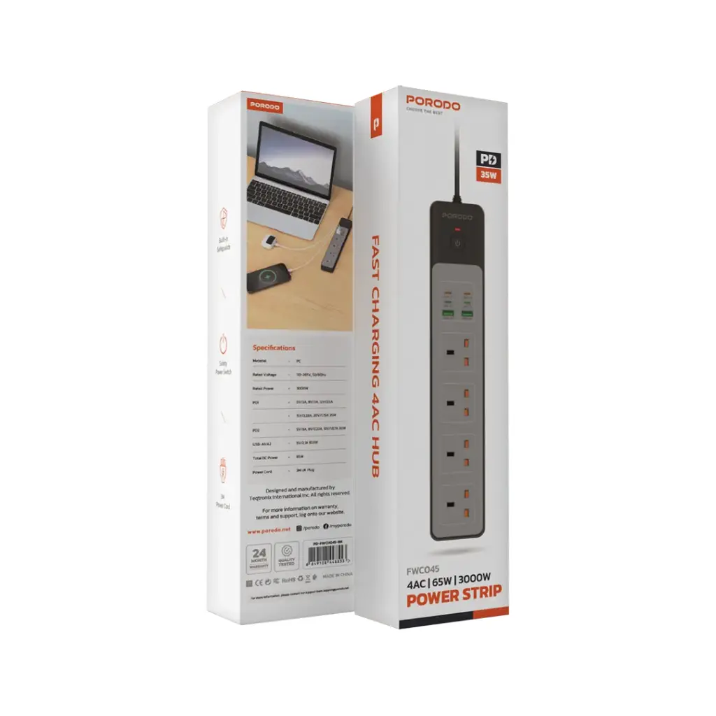 Porodo مشترك كهرباء 4AC بقدرة 65W و 3000W
