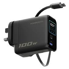 محول Powerology 100W TFT مع كابل Type-C قابل للسحب