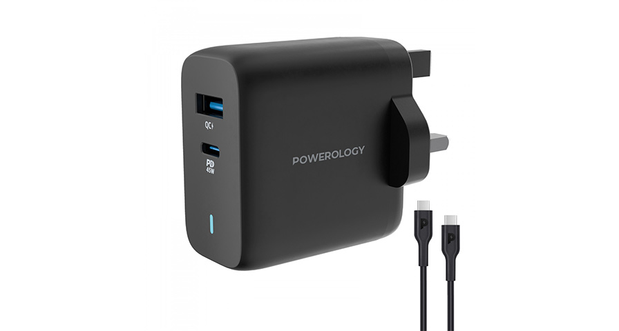 شاحن Powerology 63W Ultra-Quick GaN (45W PD + 18W USB-A QC3.0 مع كابل Type-C إلى Type-C 60W)