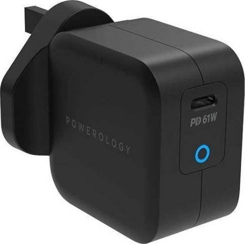 شاحن Powerology فائق الصغر 61W PD GaN مع كابل USB-C إلى USB-C 2م