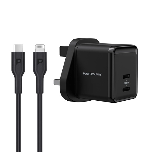 شاحن Powerology فائق الصغر GaN مع كابل USB-C إلى Lightning 1.2م