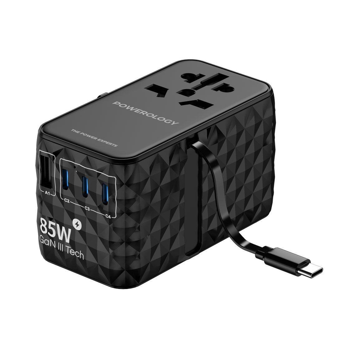 شاحن Powerology Universal GaN 85W مع كابل Type-C قابل للسحب