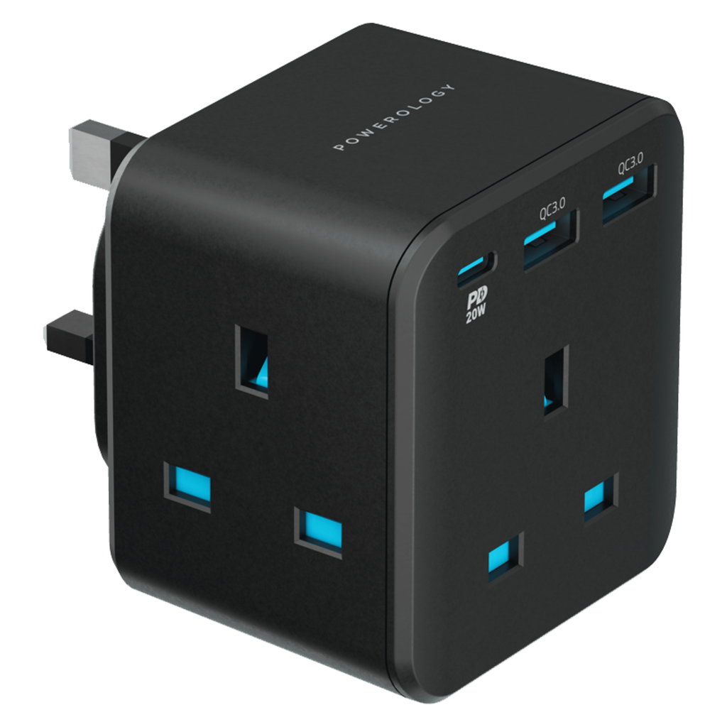 Powerology 3-розеточный настенный блок с USB быстрой зарядкой (20W PD, QC3.0, Smart Design)