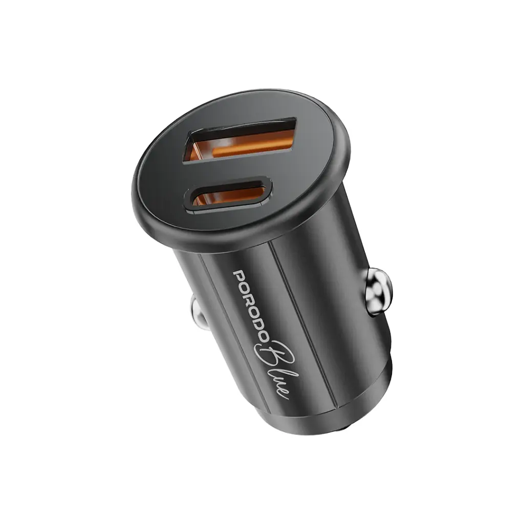 Porodo Blue Dual Port 30W автомобильное зарядное устройство с USB-C кабелем (PB-FWCH037-BK-C)