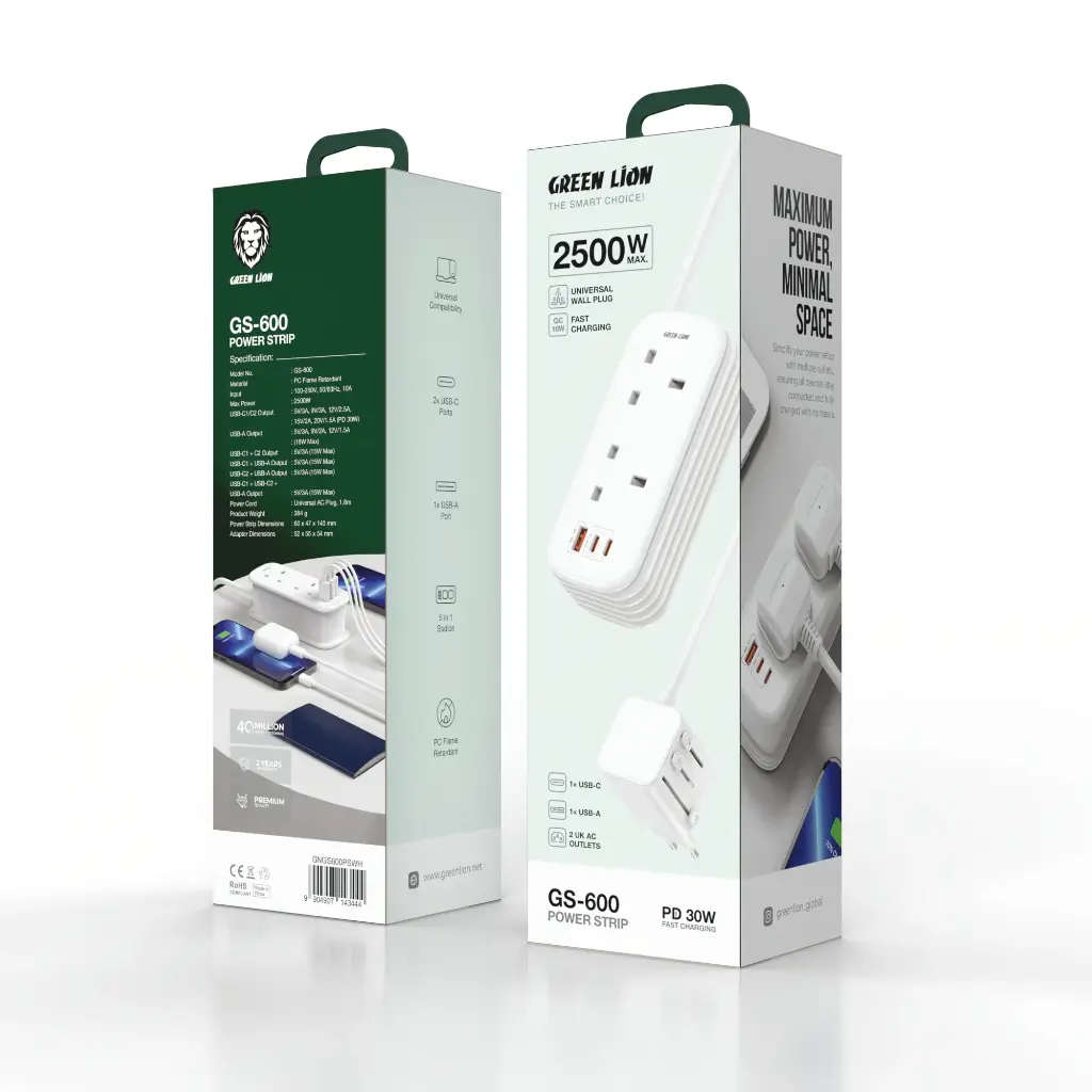 Green Lion GS-600 Power Strip USB-C | USB-A | 2x UK AC Outlet PD 30W