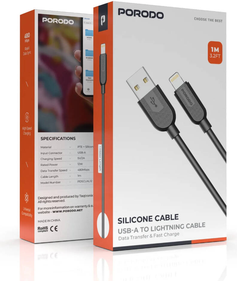 Porodo Силиконовый USB-A - Lightning Кабель 12W