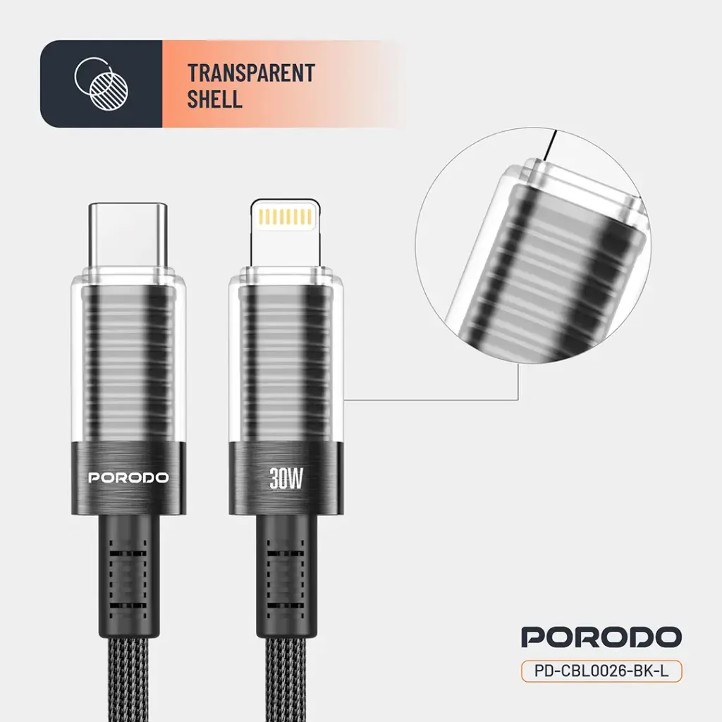 Porodo Прозрачный Кабель USB-C - Lightning