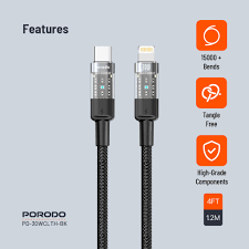 Porodo Прозрачный Плетёный Кабель USB-C - Lightning 1.2м