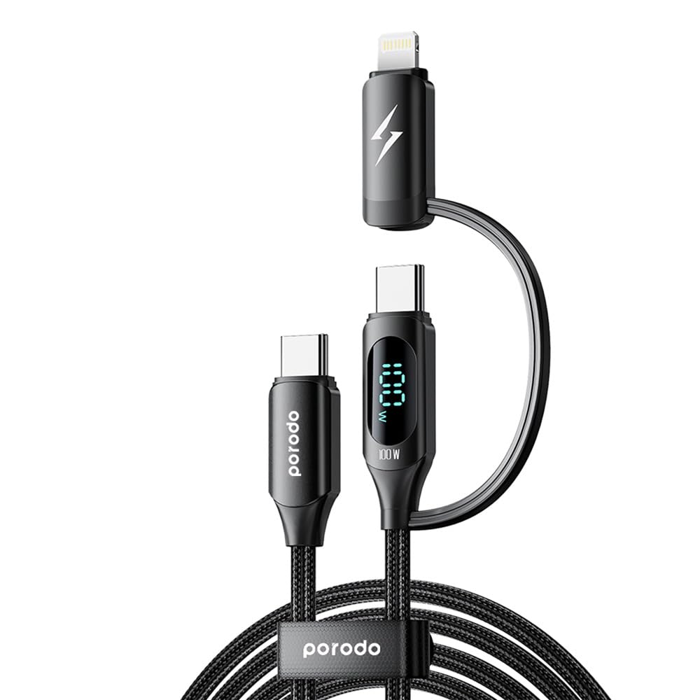 Porodo كابل USB-C مزدوج الموصل للشحن السريع مع شاشة عرض الطاقة 1.2م