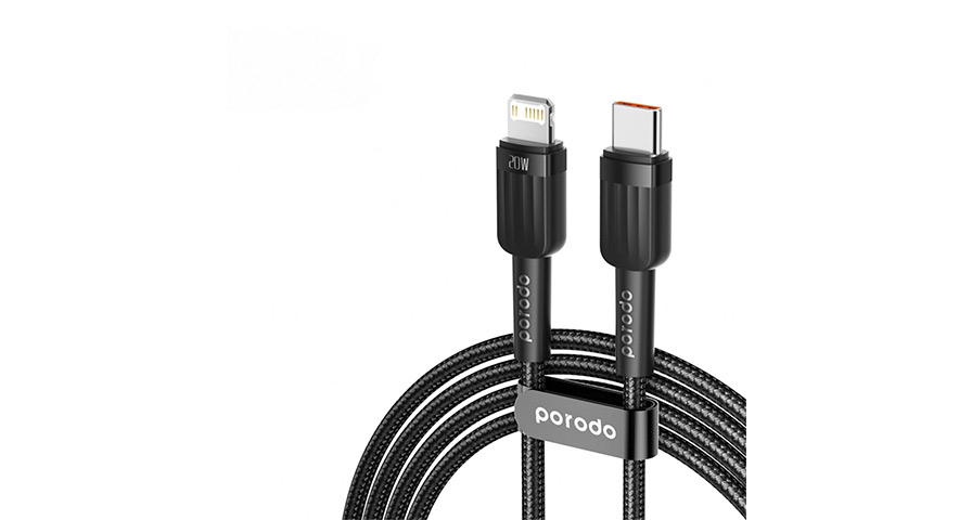Porodo كابل USB-C إلى Lightning مضفّر بألمنيوم للشحن السريع ونقل البيانات 1م