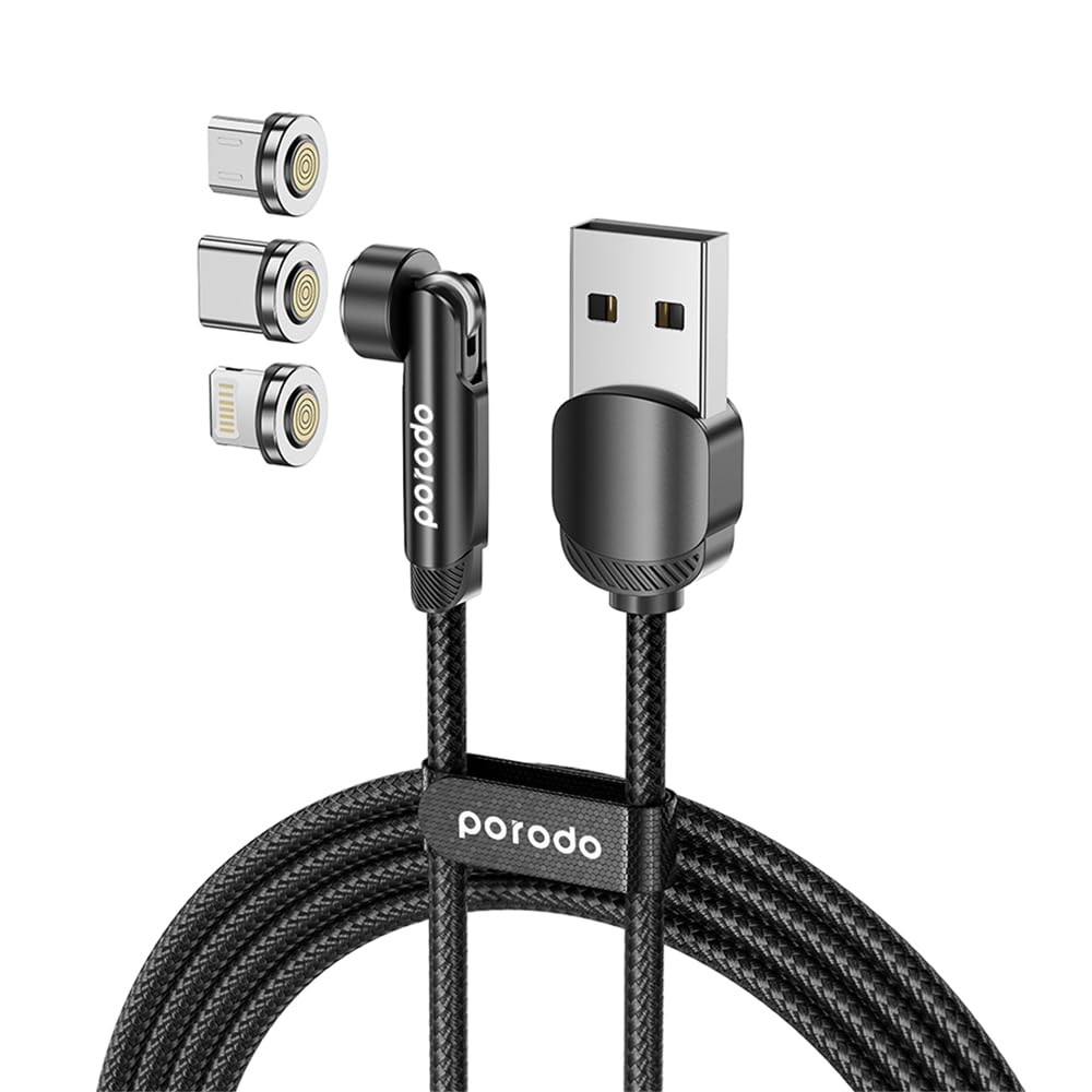 Porodo كابل مغناطيسي مضفّر دوّار 3 في 1 (Lightning / USB-C / Micro USB) بطول 1م