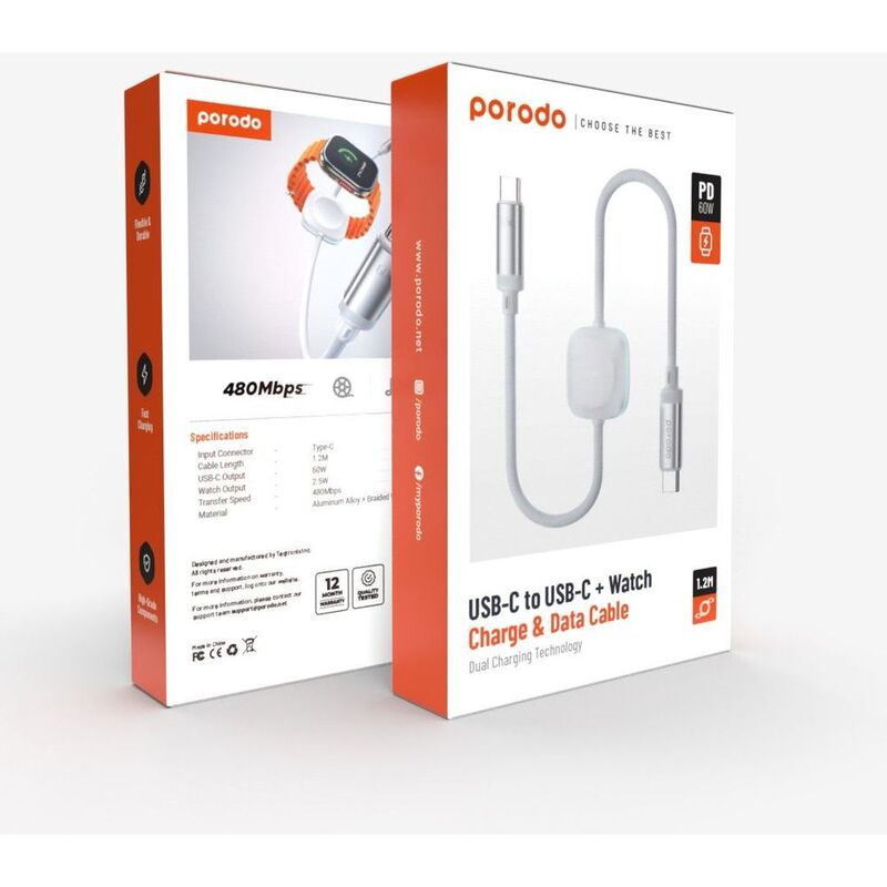 Porodo كابل USB-C / Lightning مع شحن ساعة ونقل بيانات 1.2م