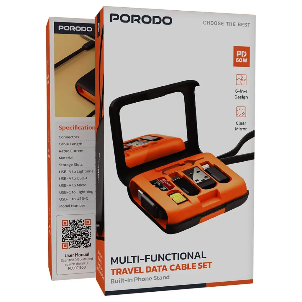Porodo مجموعة كابلات سفر متعددة الوظائف لنقل البيانات