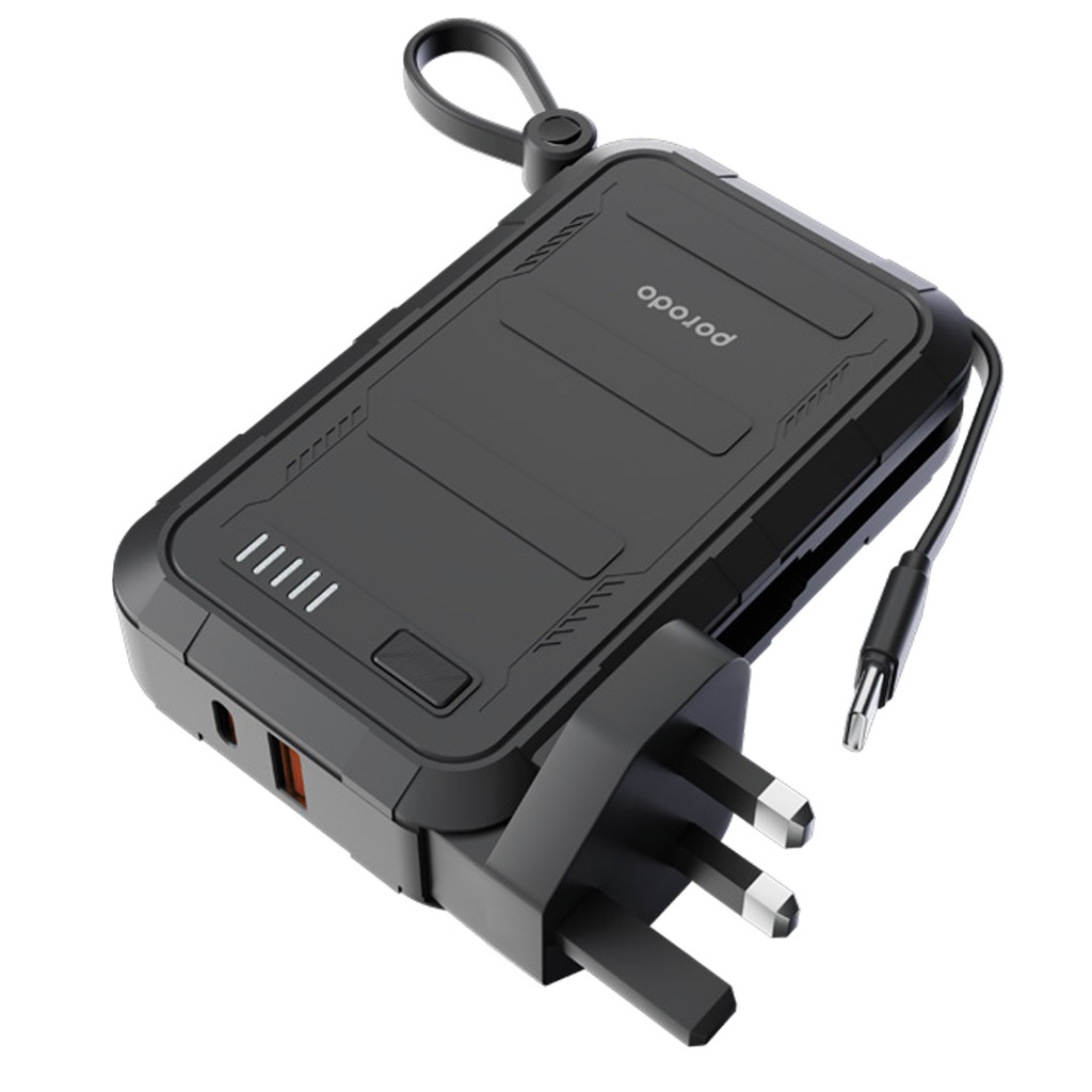باور بانك Porodo سعة 10000mAh مع شاحن حائط وكابل Type-C 20W وLightning 10W (UK Plug)